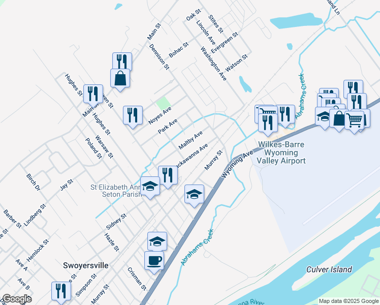 map of restaurants, bars, coffee shops, grocery stores, and more near 86 Lackawanna Avenue in Swoyersville