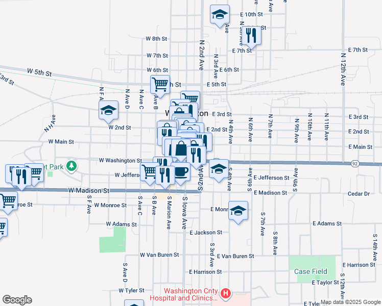 map of restaurants, bars, coffee shops, grocery stores, and more near 100-198 W Main St in Washington