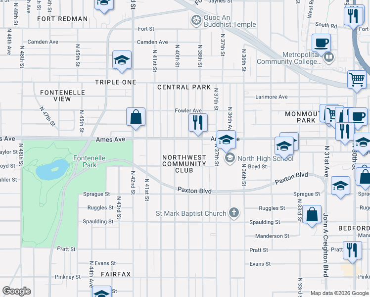 map of restaurants, bars, coffee shops, grocery stores, and more near 3903 Ames Avenue in Omaha