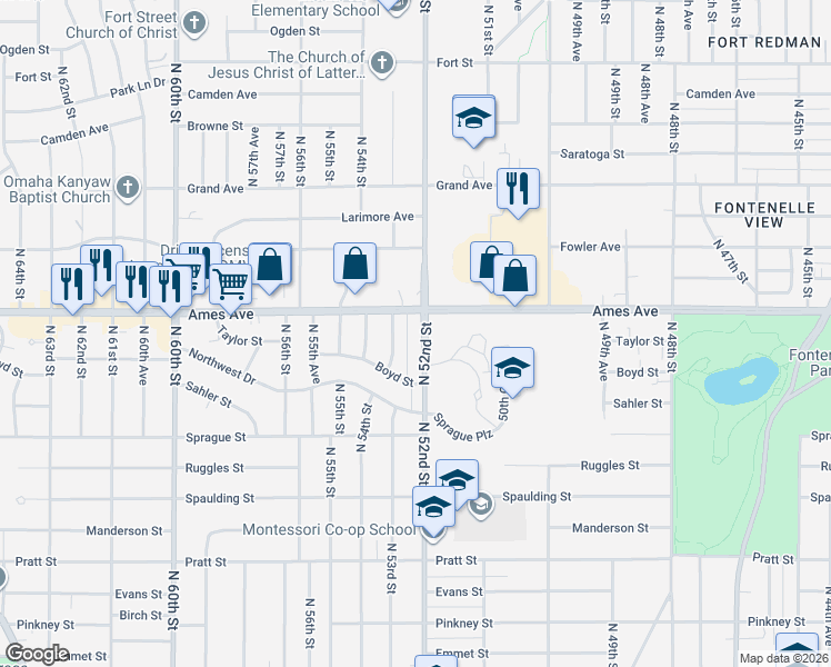 map of restaurants, bars, coffee shops, grocery stores, and more near 4418 North 52nd Street in Omaha