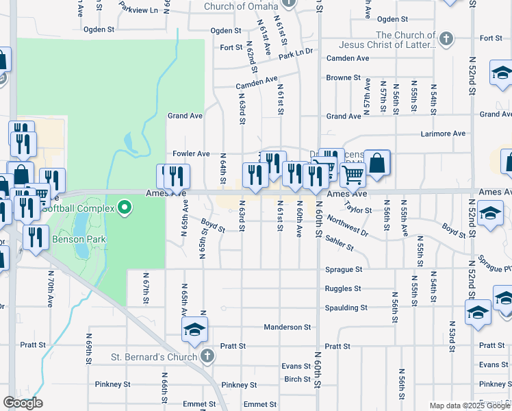map of restaurants, bars, coffee shops, grocery stores, and more near 6223 Ames Avenue in Omaha