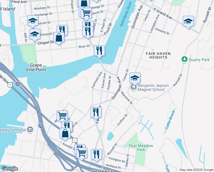 map of restaurants, bars, coffee shops, grocery stores, and more near 85 Pardee Street in New Haven