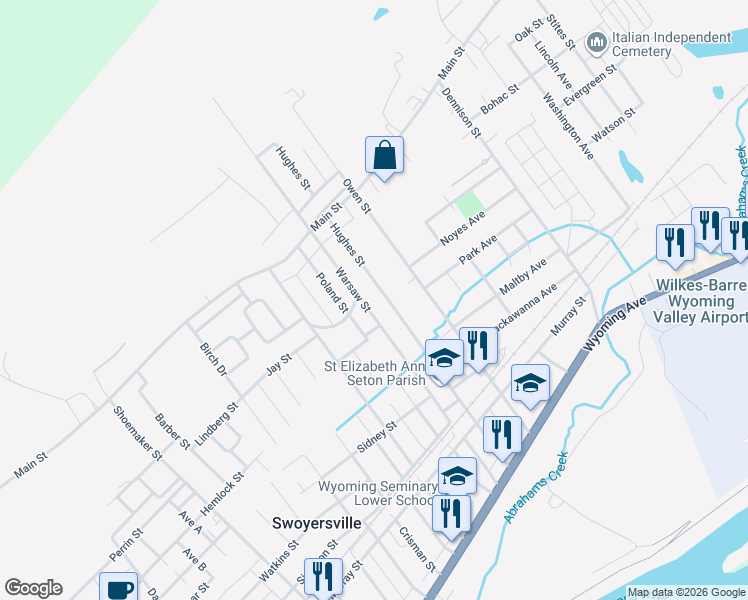 map of restaurants, bars, coffee shops, grocery stores, and more near 233 Hughes Street in Swoyersville