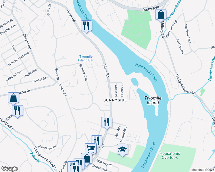 map of restaurants, bars, coffee shops, grocery stores, and more near 213 River Road in Shelton