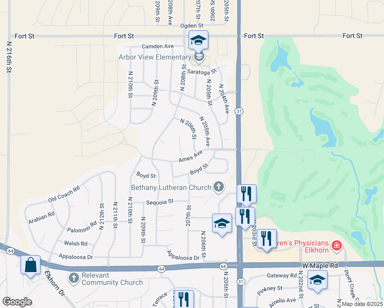map of restaurants, bars, coffee shops, grocery stores, and more near 4508 North 206th Street in Omaha