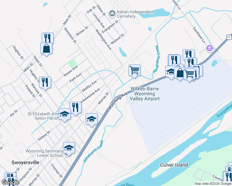 map of restaurants, bars, coffee shops, grocery stores, and more near 12 Englewood Terrace in Forty Fort