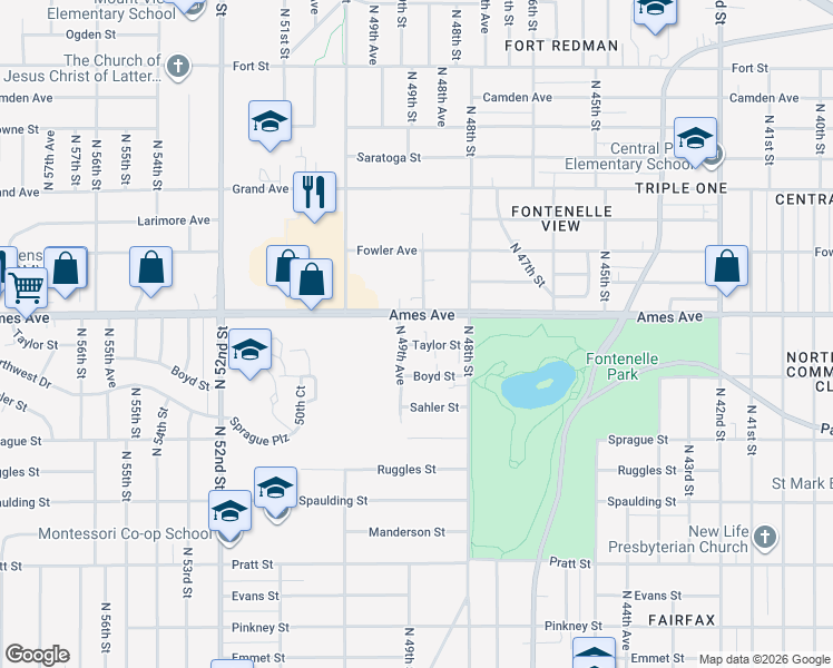 map of restaurants, bars, coffee shops, grocery stores, and more near 4852 Taylor Street in Omaha