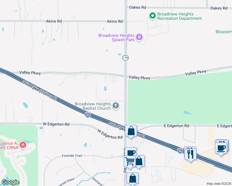 map of restaurants, bars, coffee shops, grocery stores, and more near 9772 Broadview Road in Broadview Heights