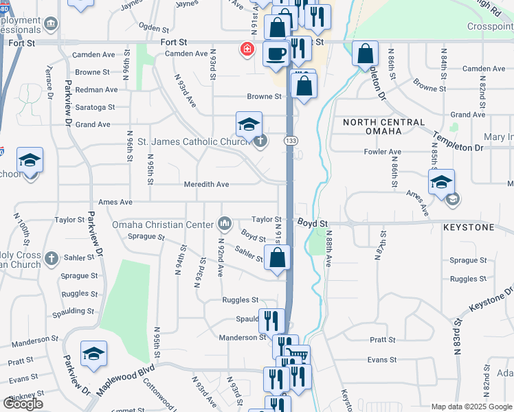 map of restaurants, bars, coffee shops, grocery stores, and more near 9118 Ames Avenue in Omaha