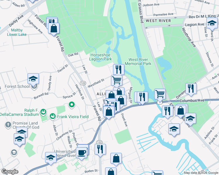 map of restaurants, bars, coffee shops, grocery stores, and more near 112 Gilbert Street in West Haven