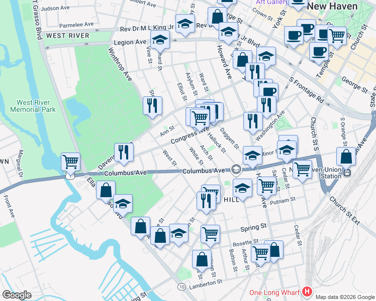 map of restaurants, bars, coffee shops, grocery stores, and more near 698 Congress Avenue in New Haven
