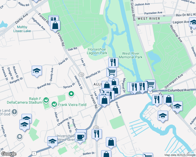 map of restaurants, bars, coffee shops, grocery stores, and more near 56 Westfield Street in West Haven