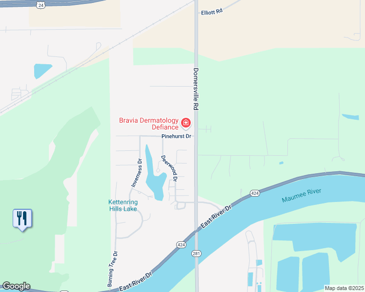 map of restaurants, bars, coffee shops, grocery stores, and more near 1497 Pinehurst Drive in Defiance