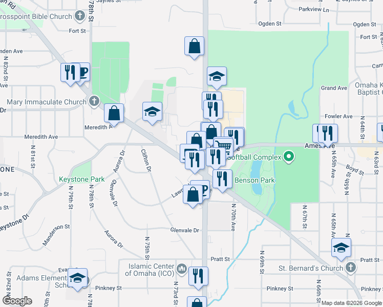 map of restaurants, bars, coffee shops, grocery stores, and more near 7375-7413 Ames Circle in Omaha