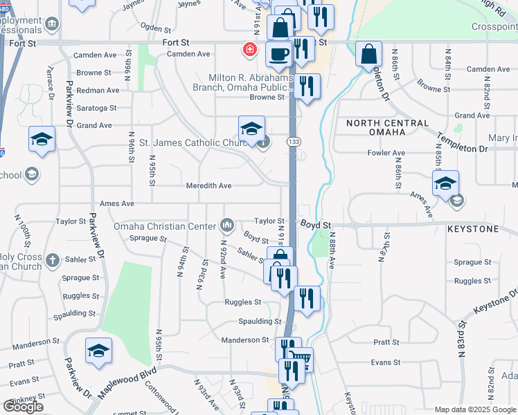 map of restaurants, bars, coffee shops, grocery stores, and more near 9118 Ames Avenue in Omaha
