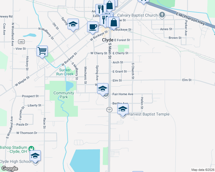 map of restaurants, bars, coffee shops, grocery stores, and more near 119 White Street in Clyde