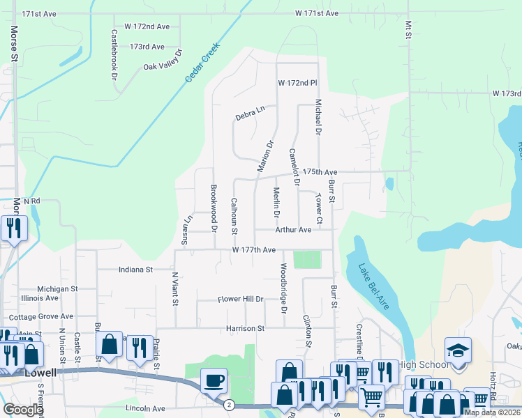 map of restaurants, bars, coffee shops, grocery stores, and more near 17548 Merlin Drive in Lowell