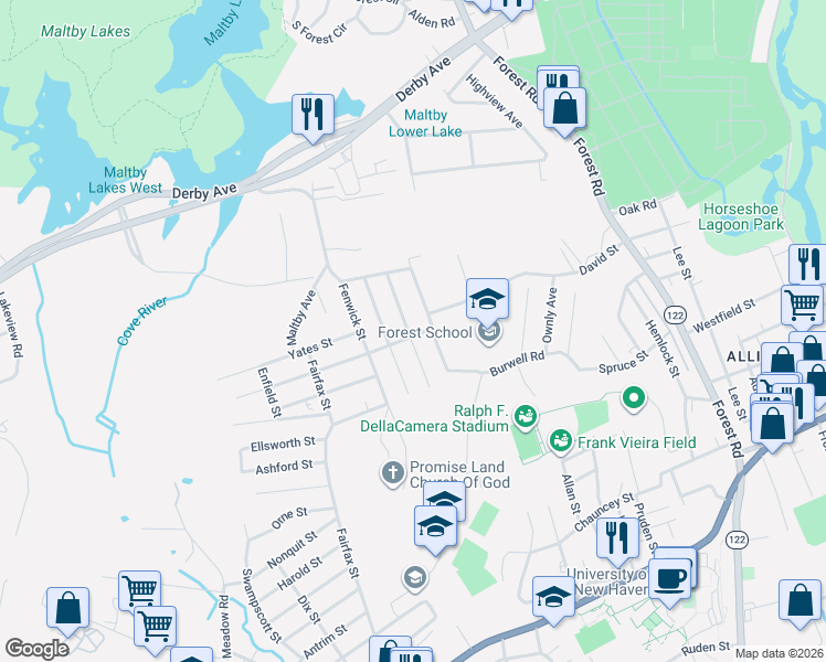 map of restaurants, bars, coffee shops, grocery stores, and more near 65 Robart Street in West Haven
