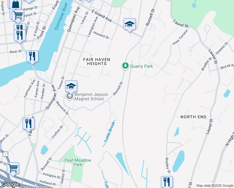 map of restaurants, bars, coffee shops, grocery stores, and more near 235 Russell Street in New Haven