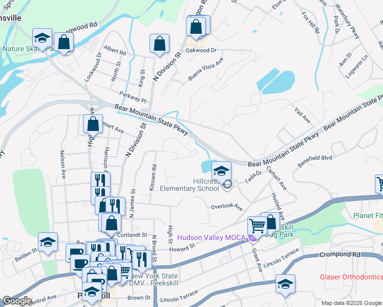map of restaurants, bars, coffee shops, grocery stores, and more near 3 Woods End Circle in Peekskill