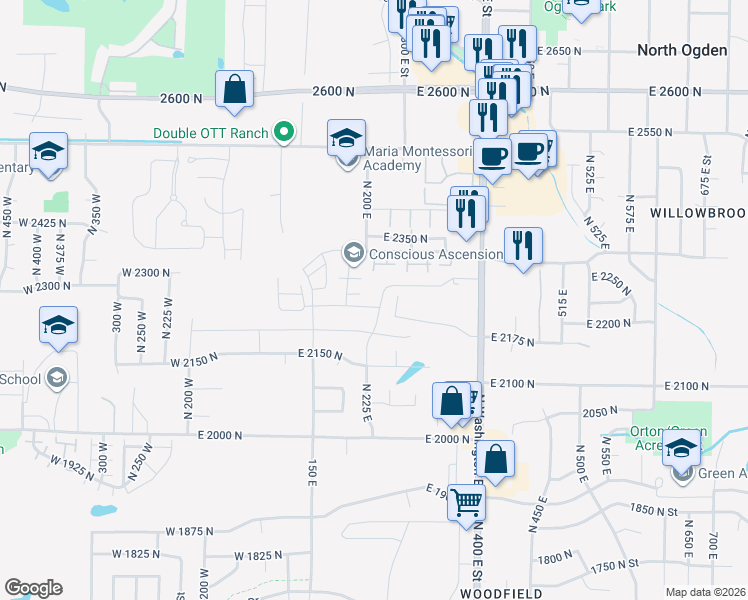 map of restaurants, bars, coffee shops, grocery stores, and more near 2243 North 225 East in Ogden
