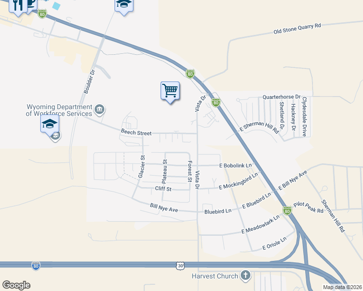 map of restaurants, bars, coffee shops, grocery stores, and more near 1713 Mercil Court in Laramie