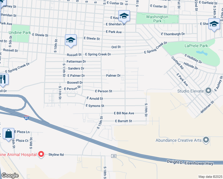 map of restaurants, bars, coffee shops, grocery stores, and more near 1520 Boswell Drive in Laramie