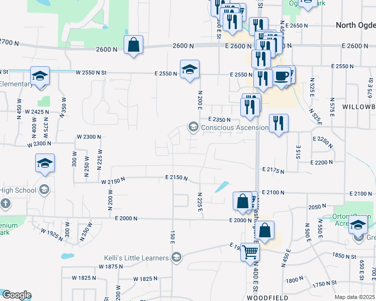 map of restaurants, bars, coffee shops, grocery stores, and more near 2245 North 175 East in North Ogden