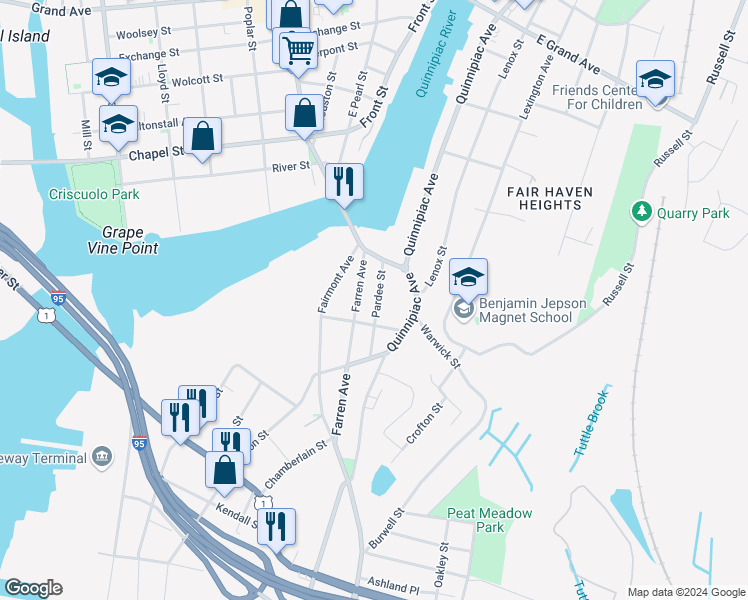 map of restaurants, bars, coffee shops, grocery stores, and more near 85 Pardee Street in New Haven