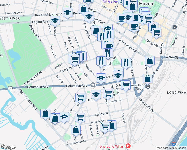 map of restaurants, bars, coffee shops, grocery stores, and more near 75 Daggett Street in New Haven