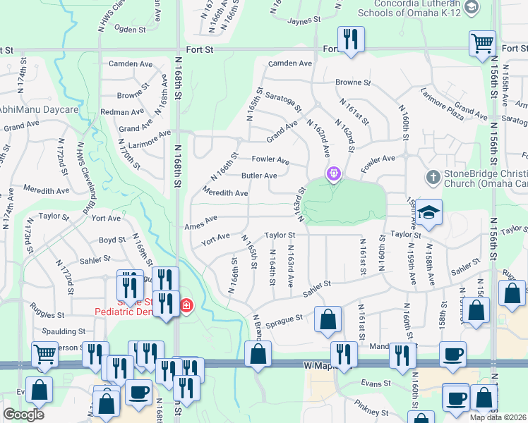 map of restaurants, bars, coffee shops, grocery stores, and more near 4527 North 165th Street in Omaha