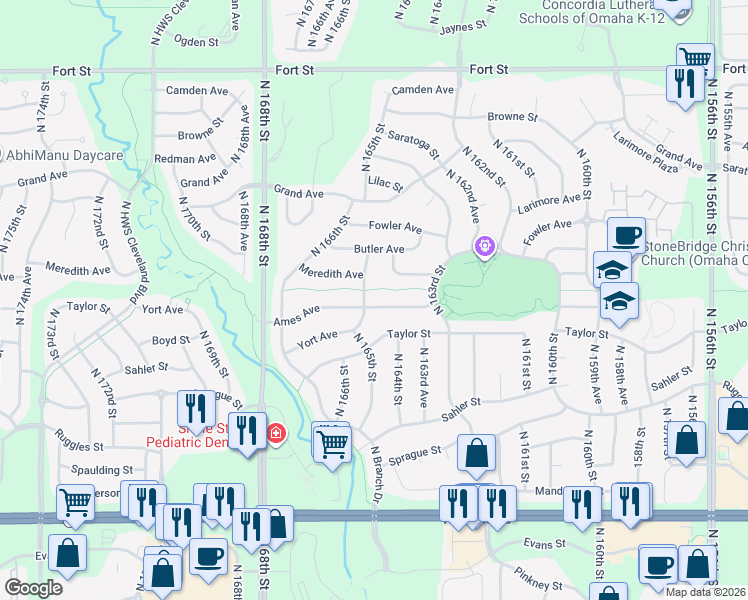 map of restaurants, bars, coffee shops, grocery stores, and more near 4527 North 165th Street in Omaha