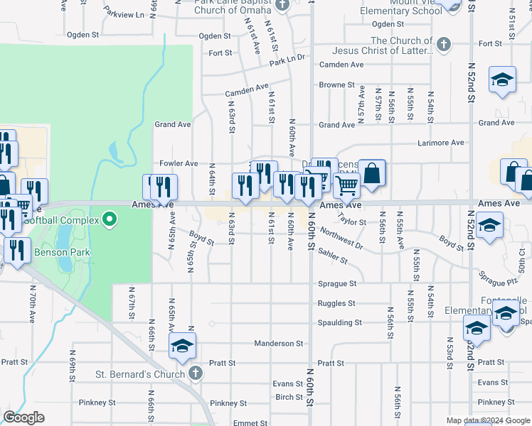 map of restaurants, bars, coffee shops, grocery stores, and more near 4440 North 61st Street in Omaha