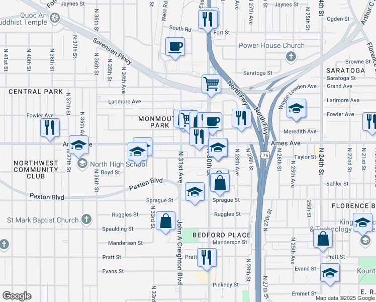 map of restaurants, bars, coffee shops, grocery stores, and more near 3147 Ames Ave in Omaha