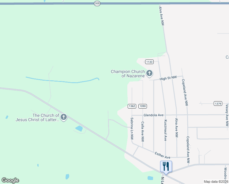 map of restaurants, bars, coffee shops, grocery stores, and more near 5210 Old Colony Drive Southwest in Warren