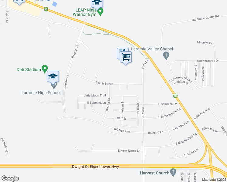 map of restaurants, bars, coffee shops, grocery stores, and more near 1709 Glacier Street in Laramie