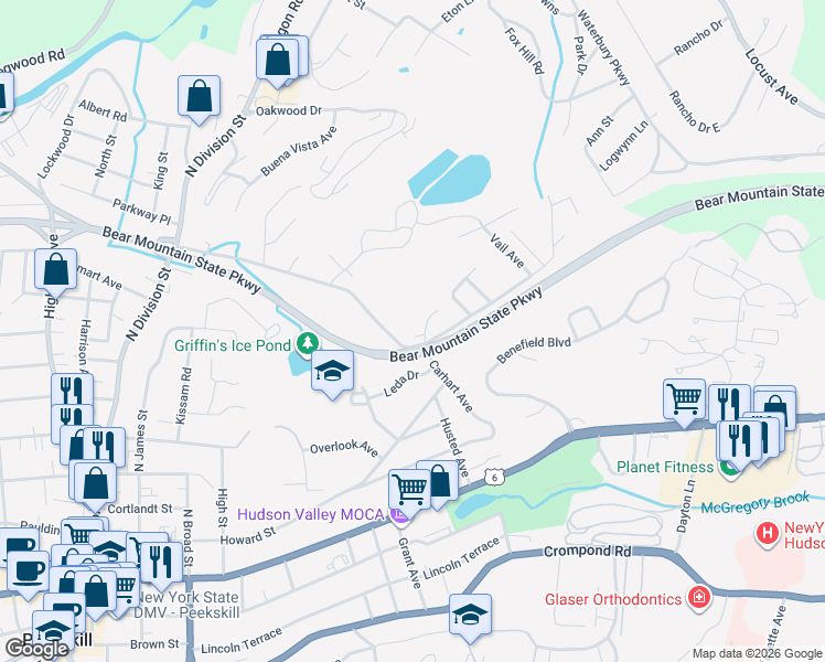 map of restaurants, bars, coffee shops, grocery stores, and more near 3 Pataki Farm Drive in Peekskill