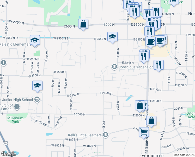 map of restaurants, bars, coffee shops, grocery stores, and more near 111 East 2250 North in North Ogden