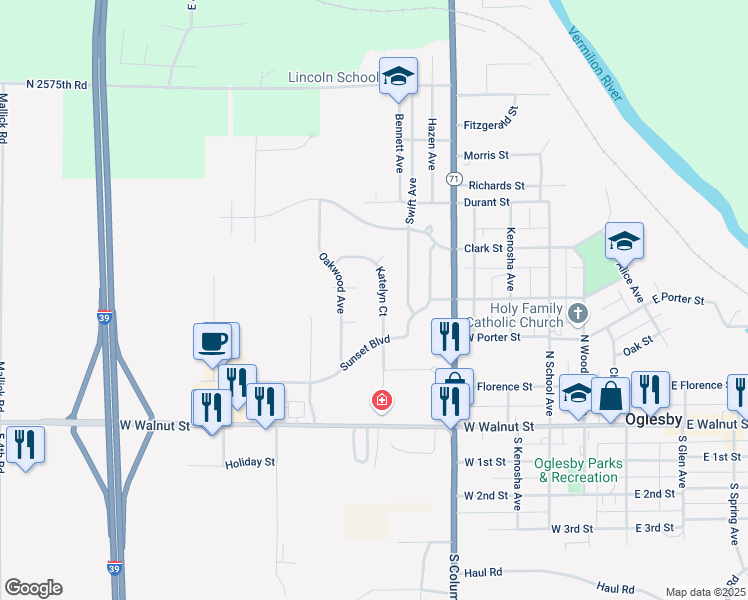 map of restaurants, bars, coffee shops, grocery stores, and more near 111 Katelyn Court in Oglesby