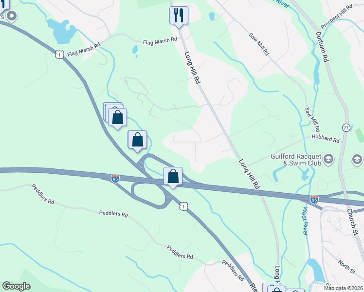 map of restaurants, bars, coffee shops, grocery stores, and more near 106 Russet Drive in Guilford