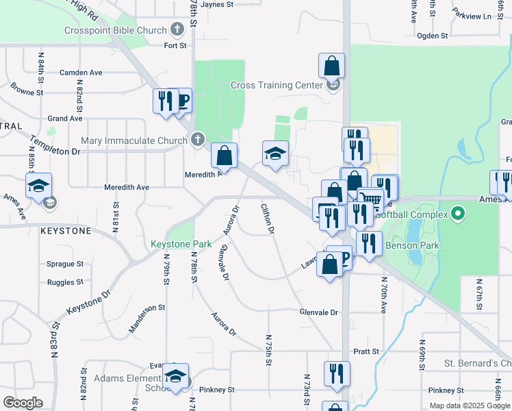 map of restaurants, bars, coffee shops, grocery stores, and more near 4415 Aurora Drive in Omaha