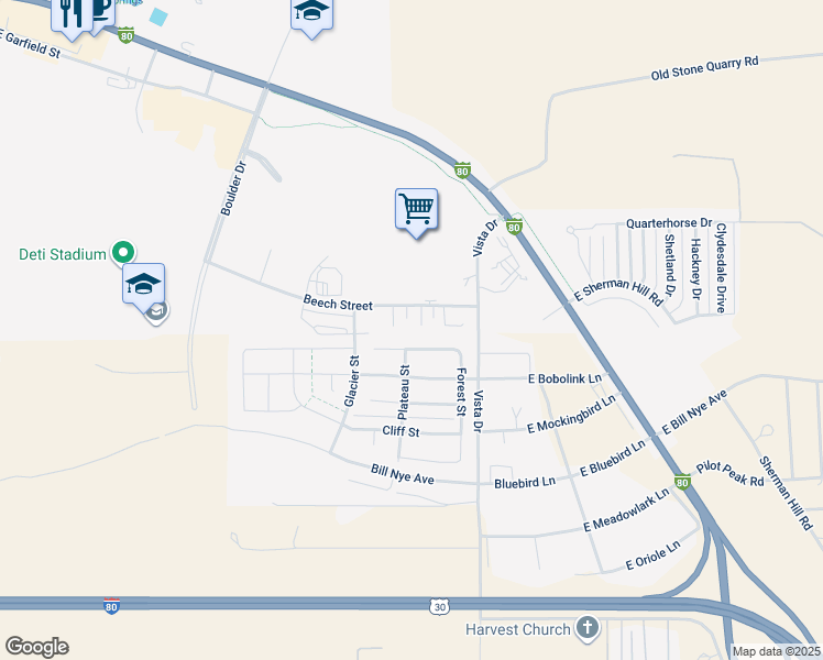 map of restaurants, bars, coffee shops, grocery stores, and more near 1718 Mercil Court in Laramie