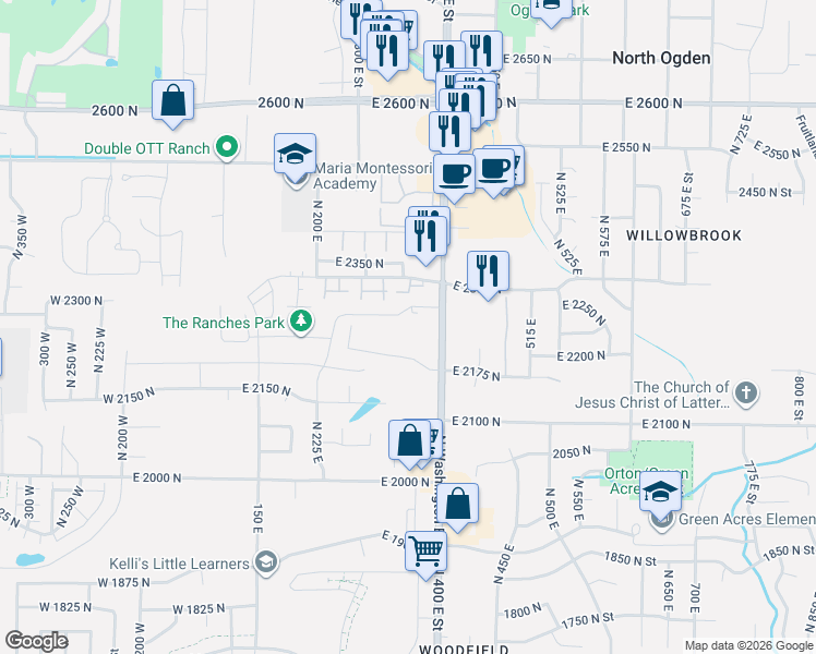 map of restaurants, bars, coffee shops, grocery stores, and more near 342 East 2275 North in North Ogden