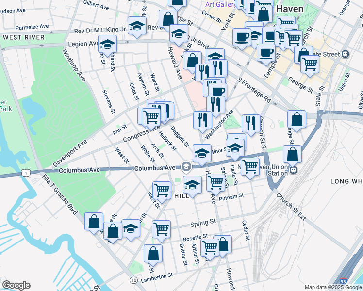map of restaurants, bars, coffee shops, grocery stores, and more near 75 Daggett Street in New Haven