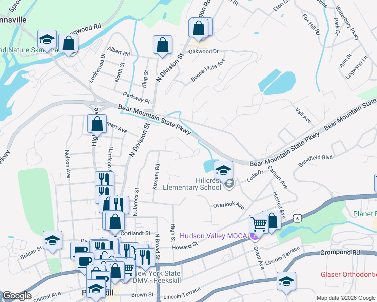 map of restaurants, bars, coffee shops, grocery stores, and more near 1 Rolling Way in Peekskill