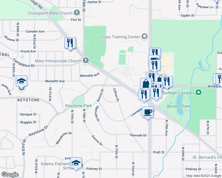map of restaurants, bars, coffee shops, grocery stores, and more near 4415 Aurora Drive in Omaha