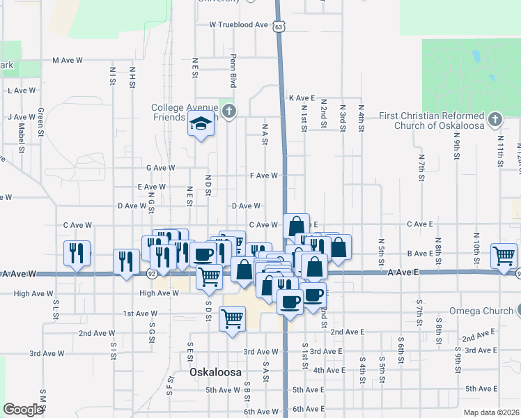 map of restaurants, bars, coffee shops, grocery stores, and more near 502 North A Street in Oskaloosa