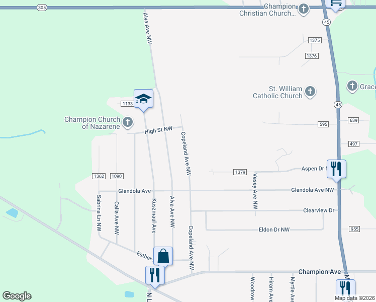 map of restaurants, bars, coffee shops, grocery stores, and more near 5293 Copeland Avenue Northwest in Warren