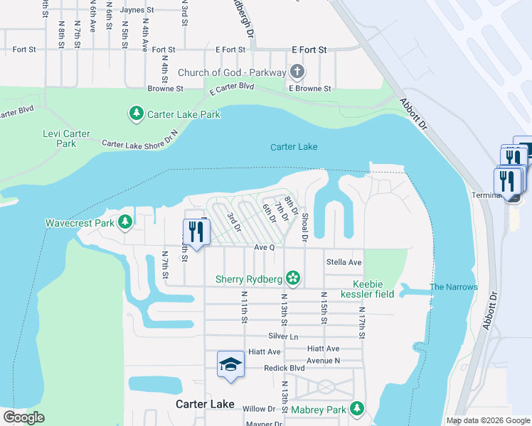 map of restaurants, bars, coffee shops, grocery stores, and more near 48 6th Drive in Carter Lake