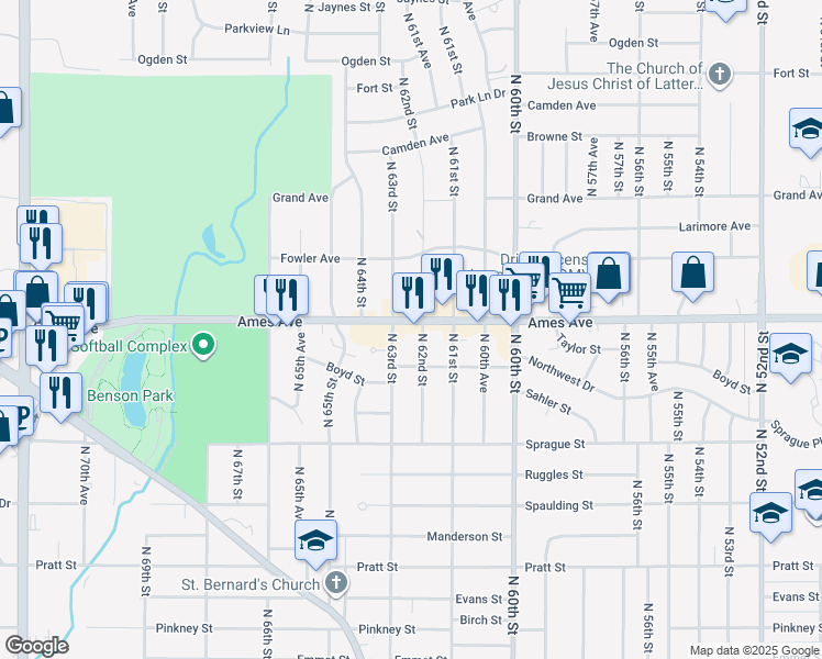 map of restaurants, bars, coffee shops, grocery stores, and more near 6223 Ames Avenue in Omaha
